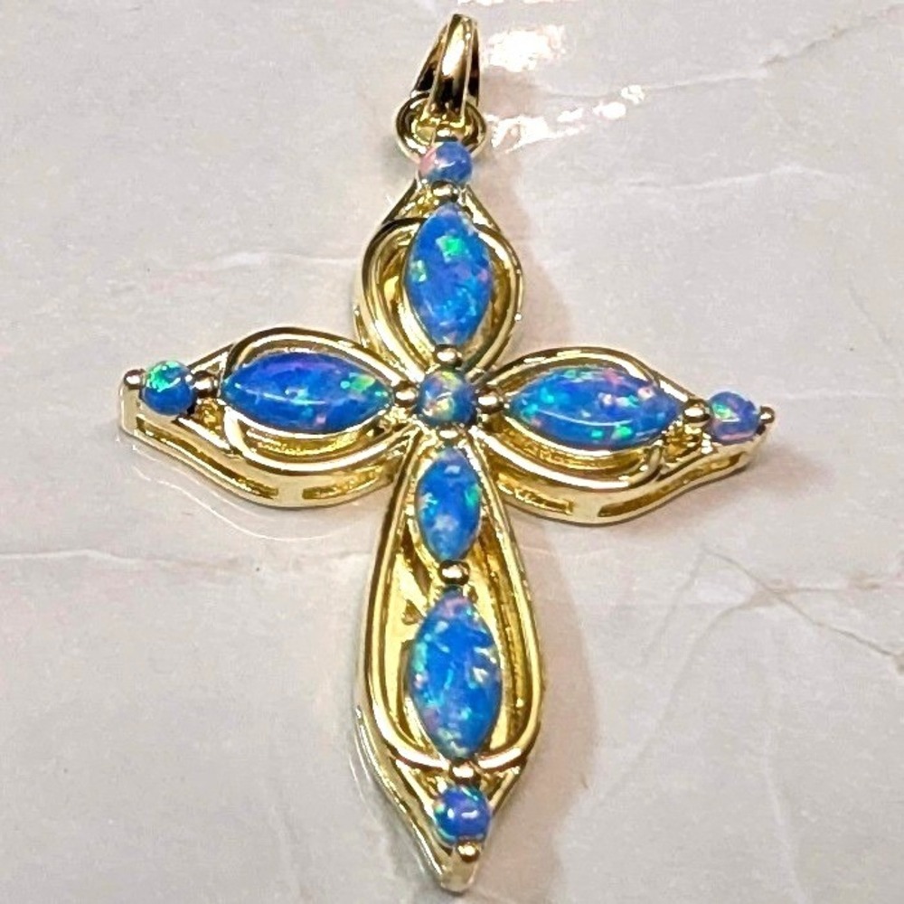 Blue Fire Lab Opal Cross Pendant 1.5 Inch 14K GP Gold PLated‎ Marquise Filigree